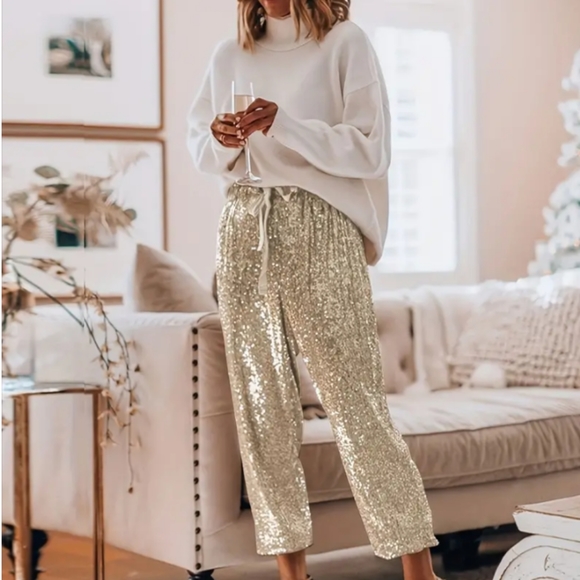 Women's Champagne Sequin Joggers sz medium - Picture 5 of 9